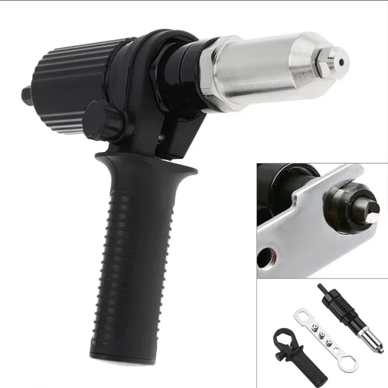 A black professional electric rivet nut gun with a silver tip and a detachable tool.