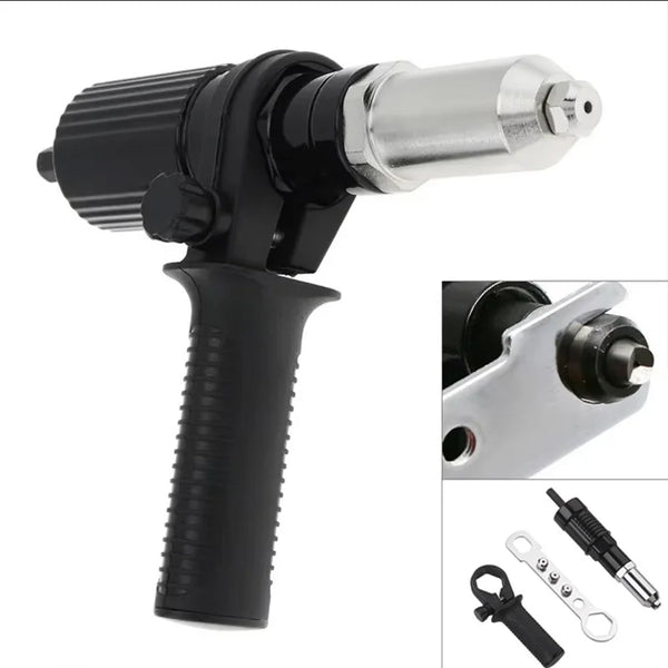 A black professional electric rivet nut gun with a silver tip and a detachable tool.