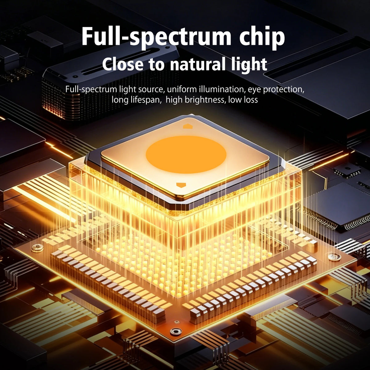 A close-up view of a full-spectrum chip component glowing brightly on a circuit board.