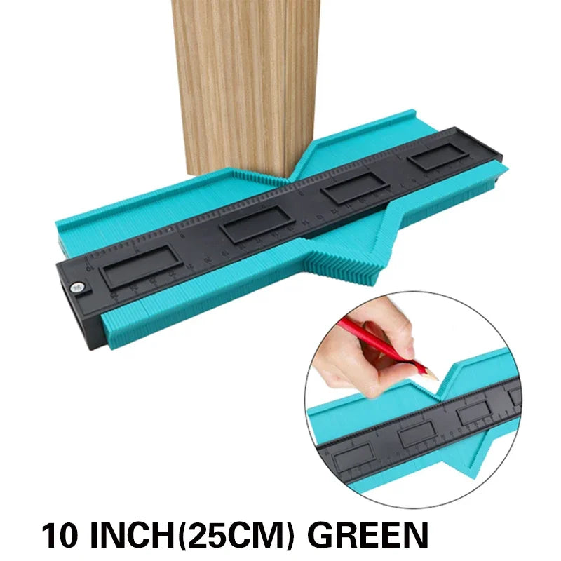 A green precision contour gauge and ruler with a wooden block shown next to an inset demonstrating its use.