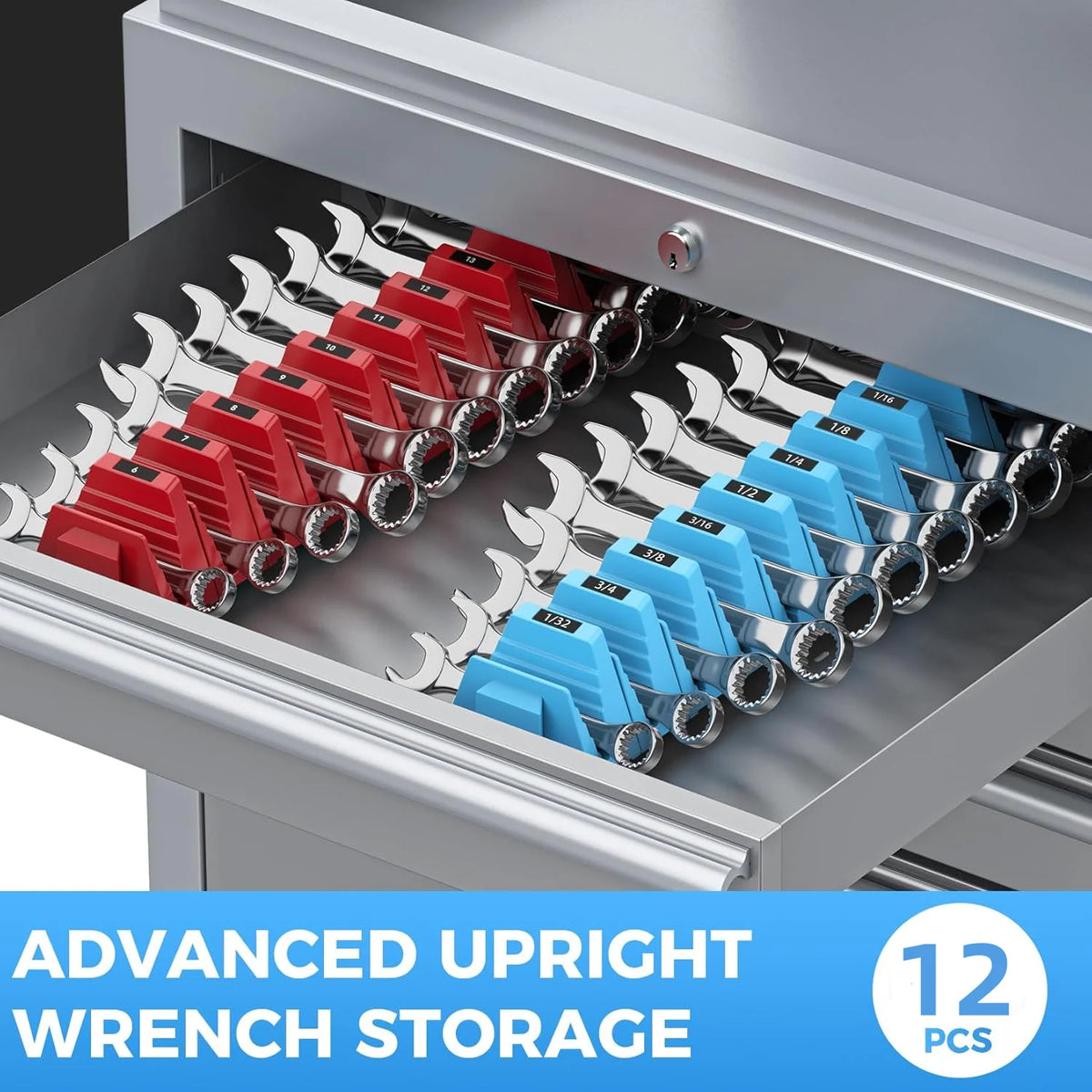 Advanced upright wrench storage featuring 12 pieces of modular magnetic wrenches in red and blue.