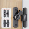A set of adjustable sliding pin door locks showing 90-degree and 180-degree installation options.