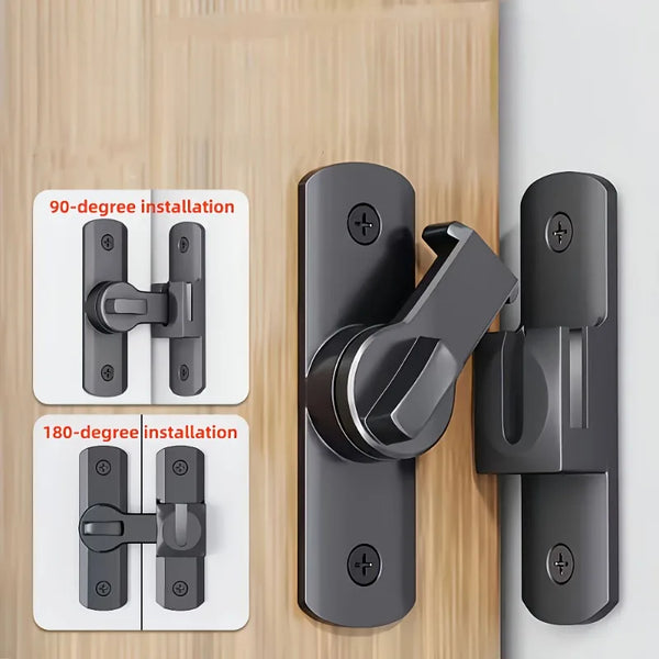 A set of adjustable sliding pin door locks showing 90-degree and 180-degree installation options.