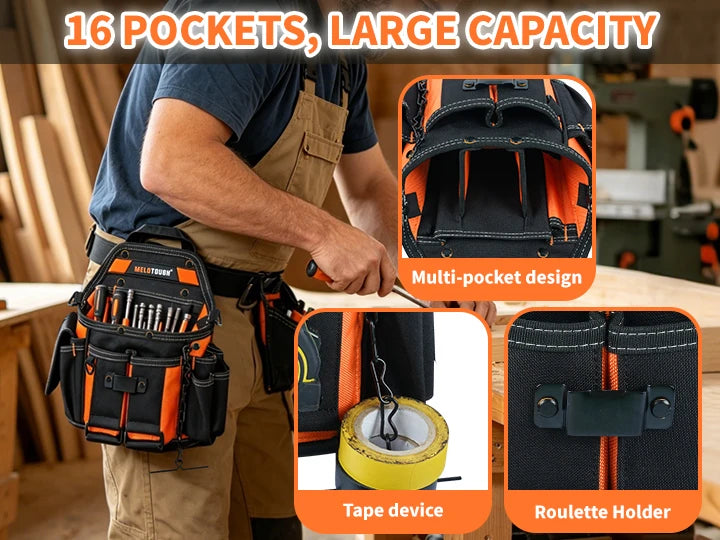 Bolsa organizadora de herramientas para electricista con 16 bolsillos, utilizada por un trabajador.