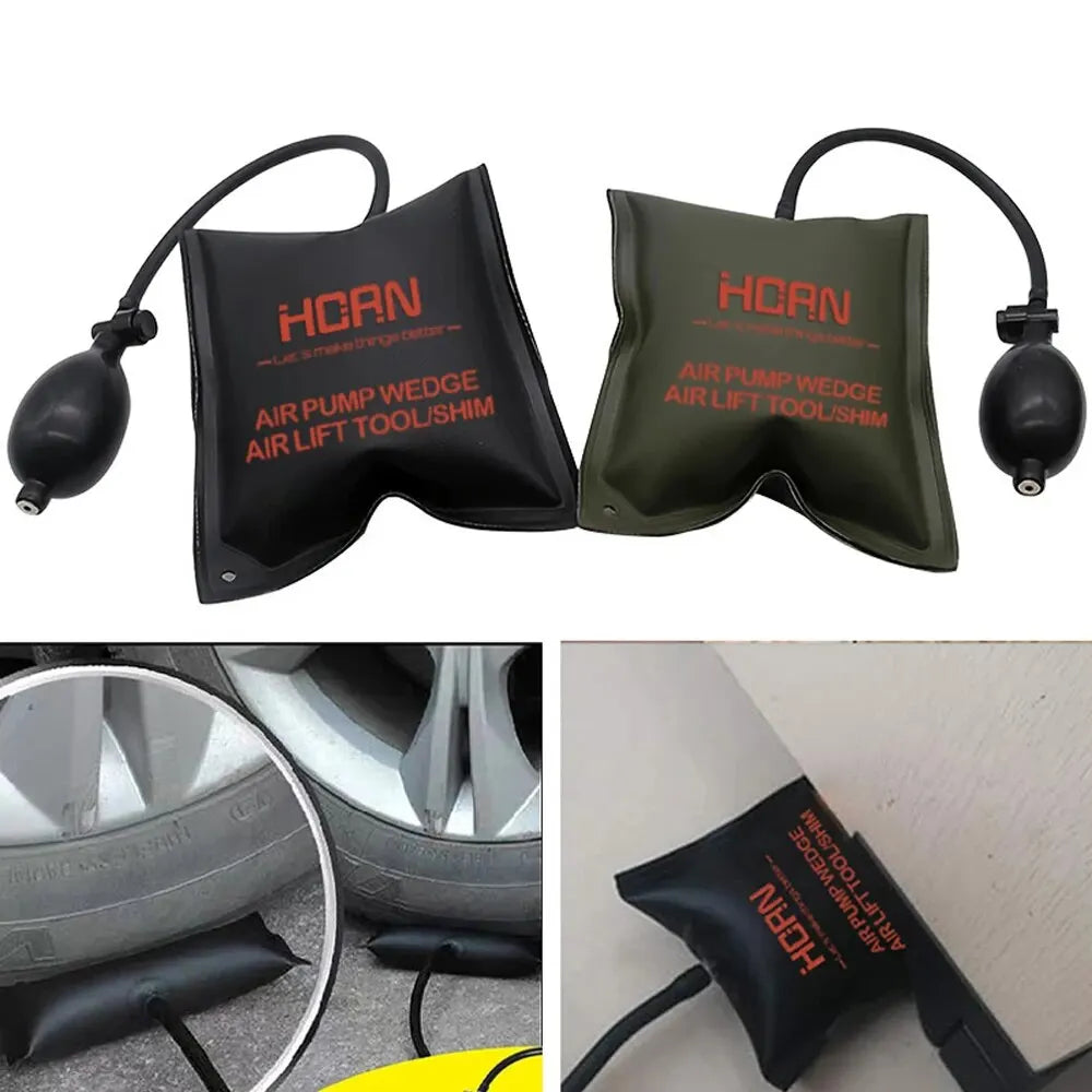 A pair of black air pump wedge tools for lifting door windows are shown with their hoses.