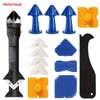 A set of precision caulking tools including a metal head, various plastic tips, and yellow sealing components.
