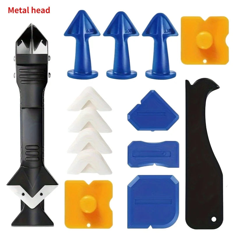 A set of precision caulking tools including a metal head, various plastic tips, and yellow sealing components.