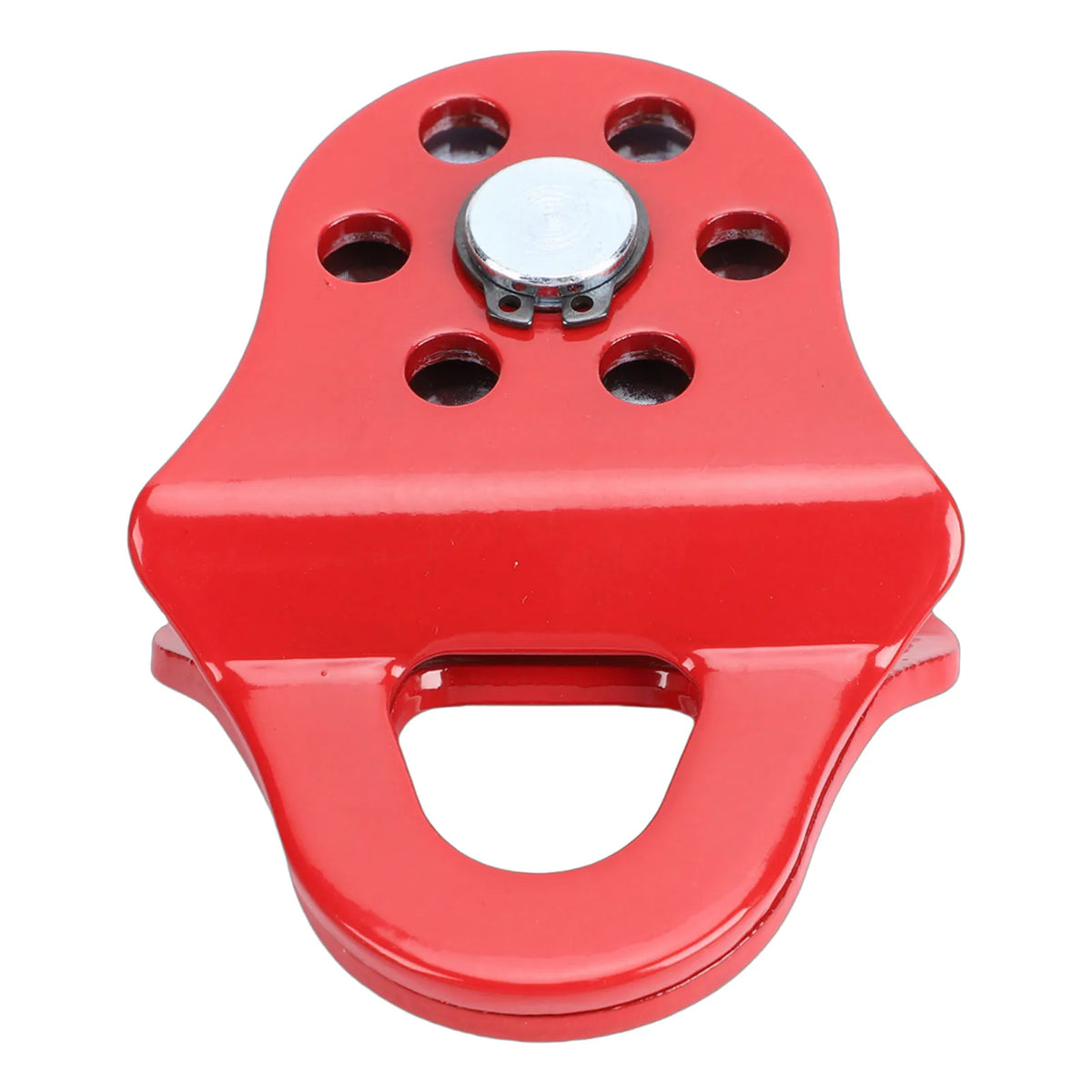 Red heavy duty winch snatch block with a silver mounting plate and a loop handle