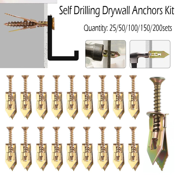 A set of self-drilling drywall anchors and a drill bit shown for installation.