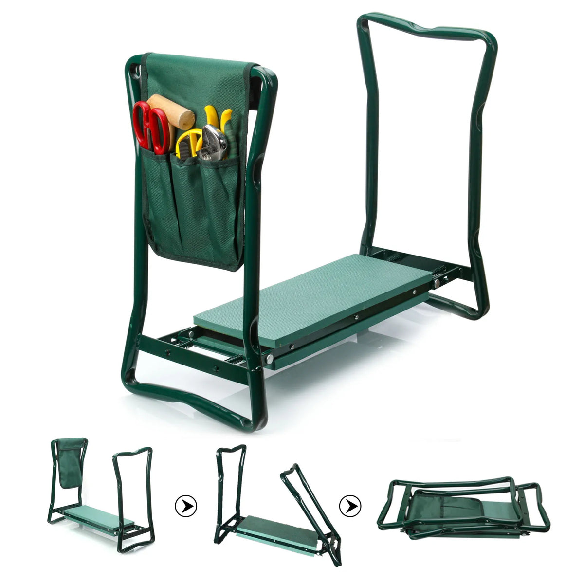 Robuste Gartenknienbank aus dunkelgrünem Metall mit faltbarem Design und Stauraum für Werkzeuge.