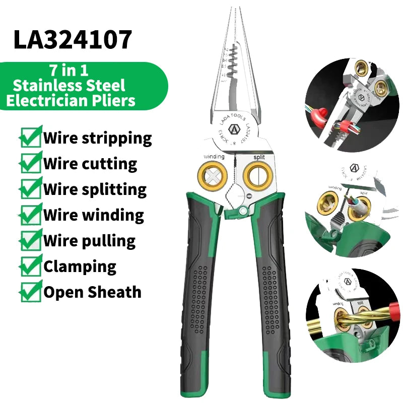 A set of LA324107 7 in 1 stainless steel electrician pliers used for wire stripping, cutting, splitting, winding, pulling, cl