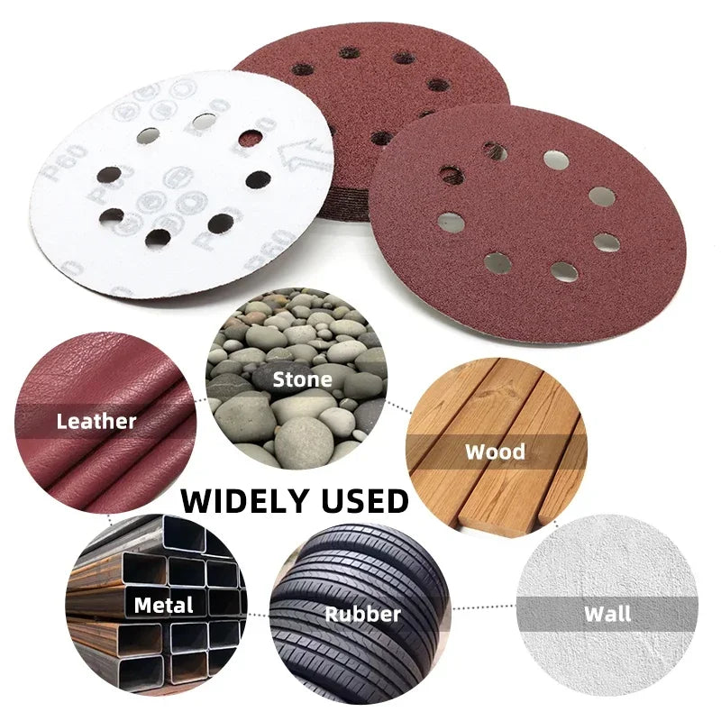 A collection of abrasive sanding discs including leather, wood, metal, rubber, and stone materials.