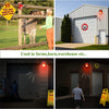 A solar infrared motion sensor security alarm is shown in various outdoor and indoor settings.