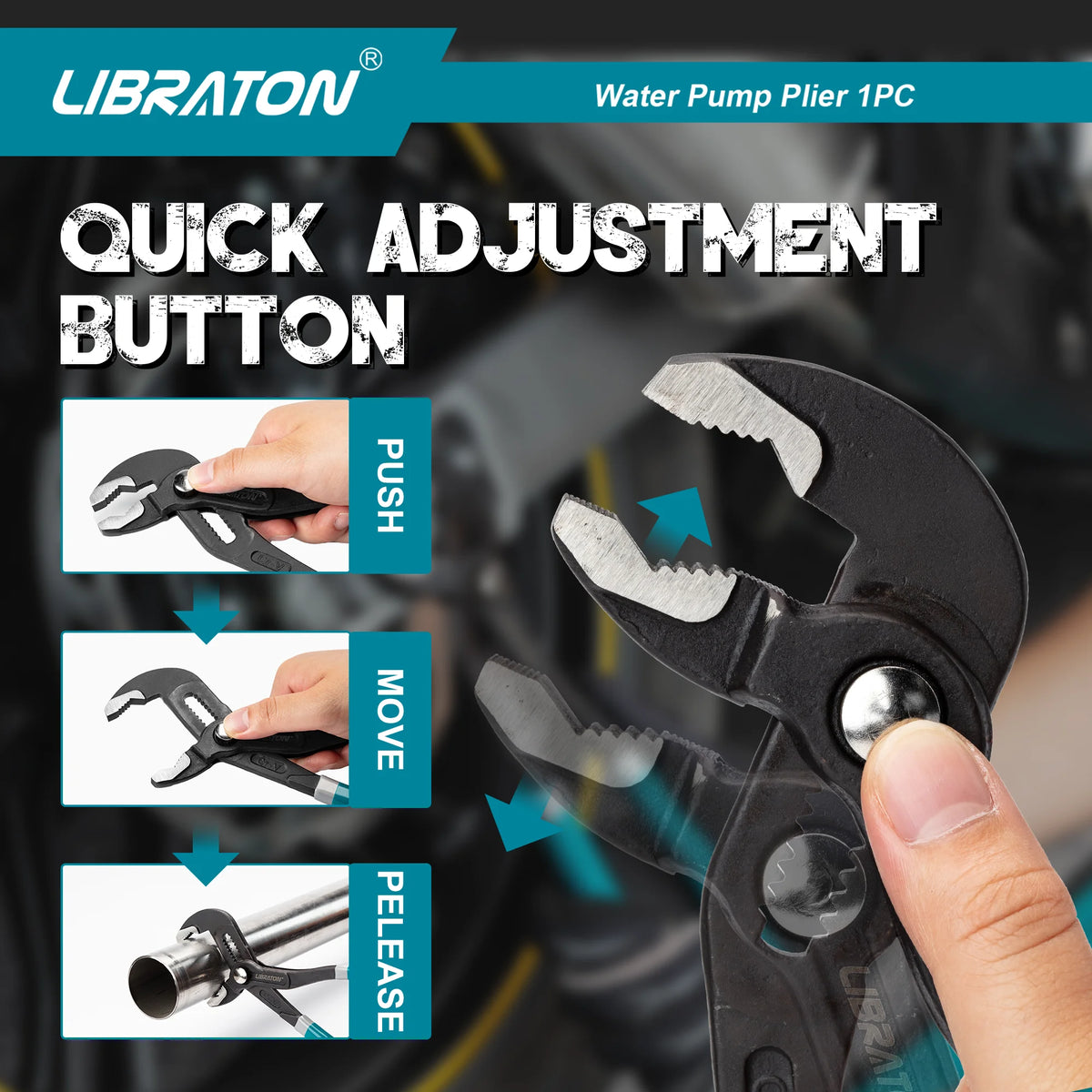 A close-up of a black water pump plier tool demonstrating quick adjustment features like push, move, and please.