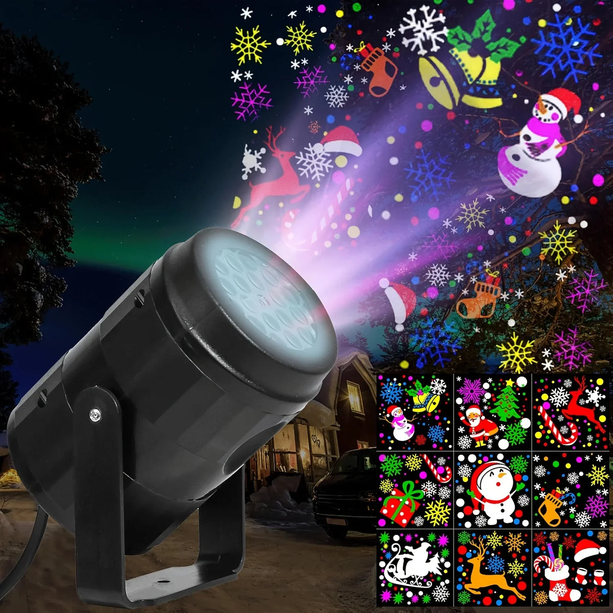 A black rotatable LED Christmas projector lights shining colorful snowflakes onto a dark night scene.