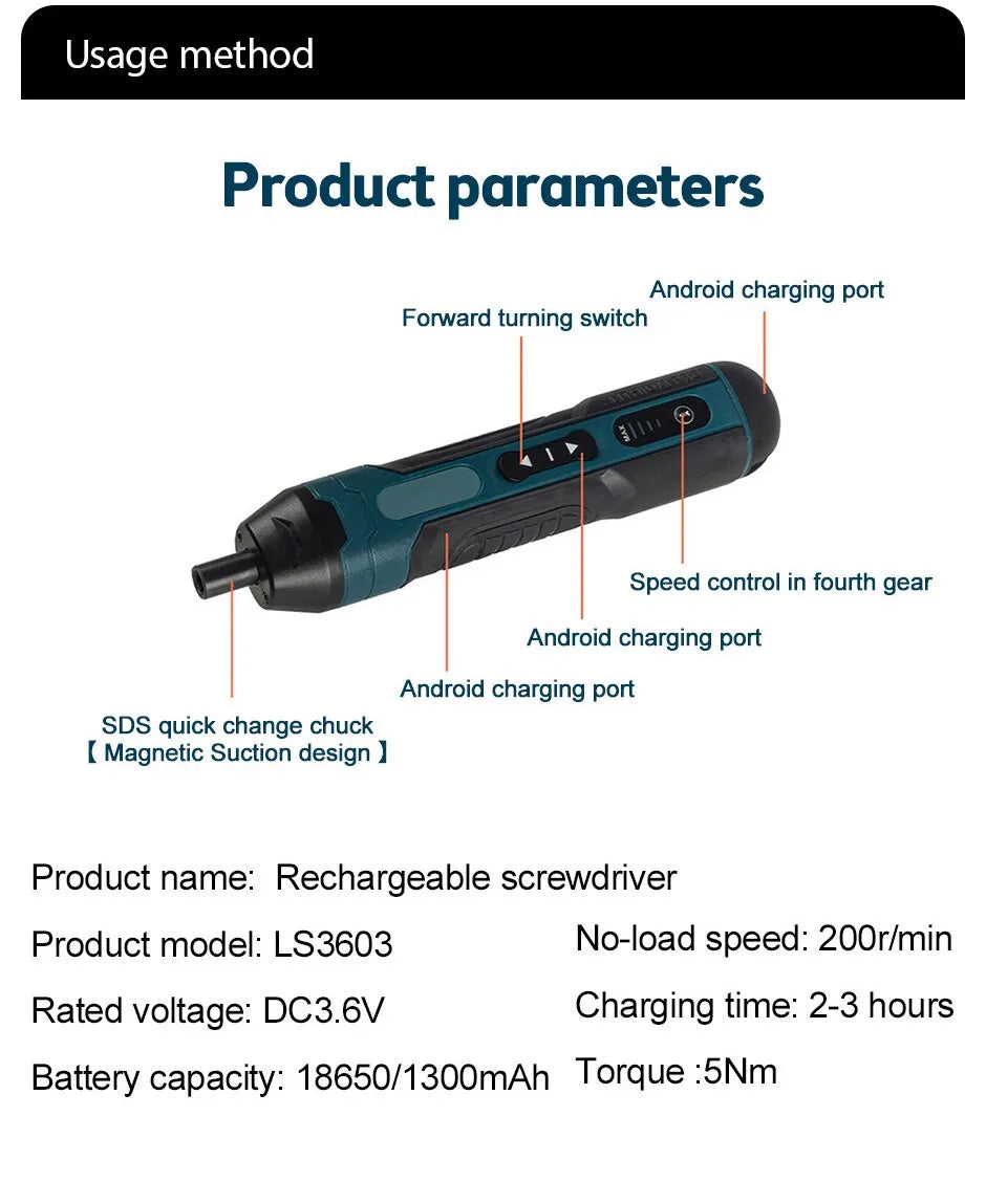 A rechargeable screwdriver with a forward turning switch and multiple Android charging ports is shown.