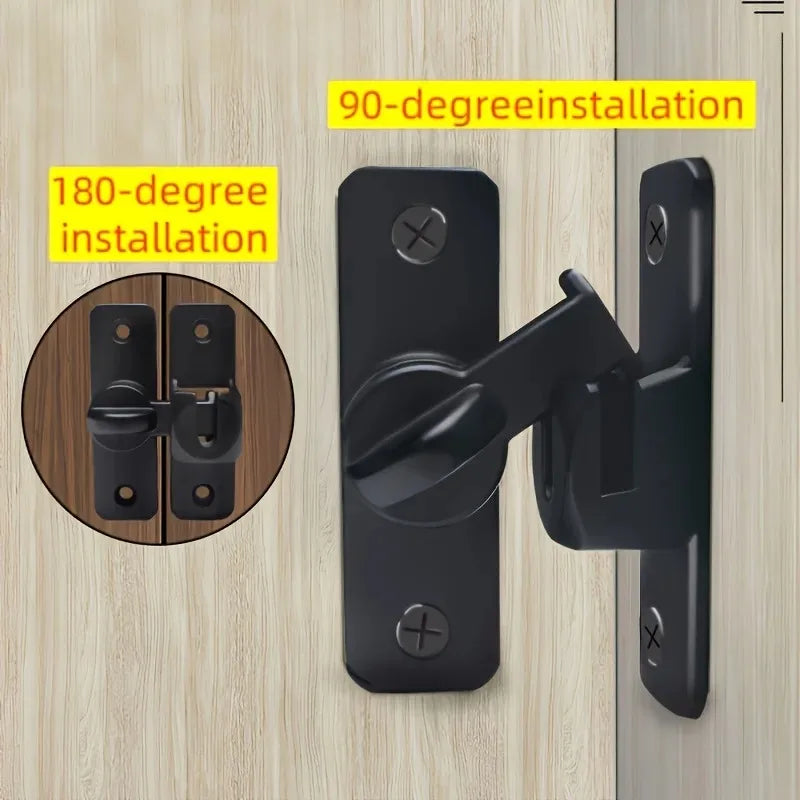 Black adjustable sliding pin door lock with 90-degree and 180-degree installation options