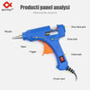 Blue 20W hot melt glue gun with a nozzle, trigger, and power cord for panel analysis.