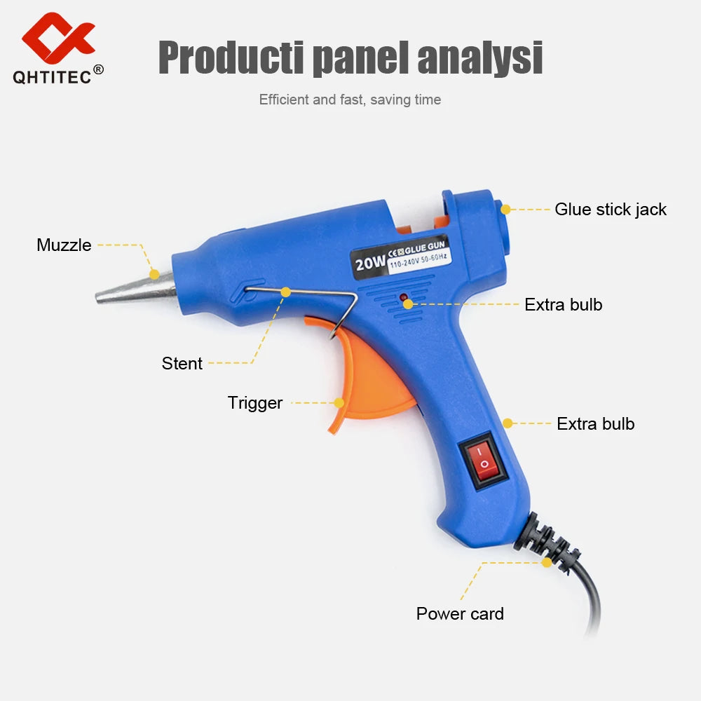 Blue 20W hot melt glue gun with a nozzle, trigger, and power cord for panel analysis.