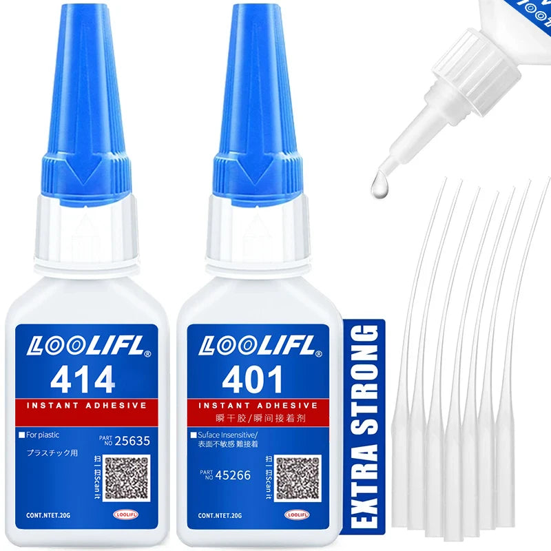 A bottle of LOOLIFL instant adhesive glue with a dropper and extra strong glue sticks.