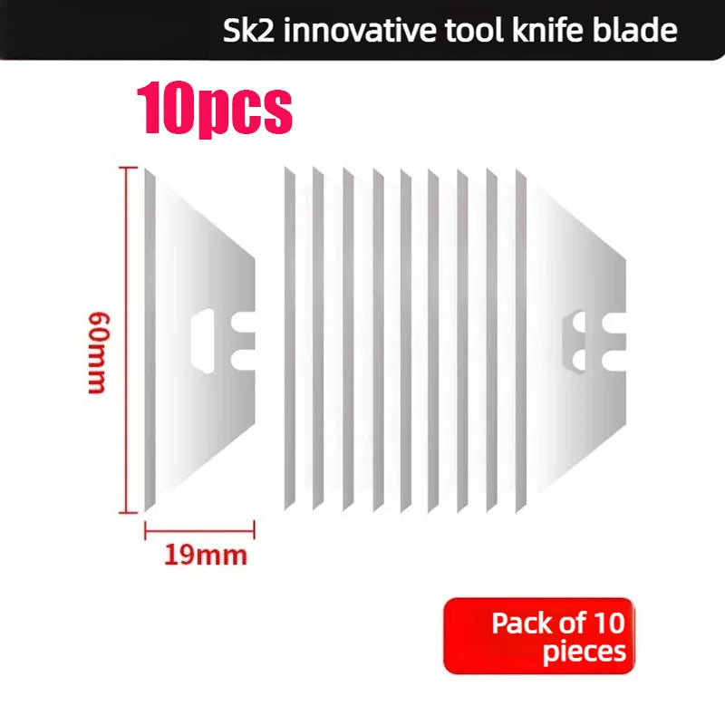 Pack of 10 SK2 innovative tool knife blades shown with dimensions and packaging information.