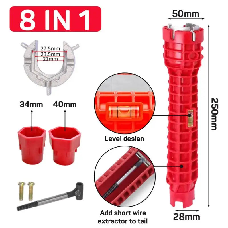Red 8 in 1 multi-functional plumbing wrench set with various tools and an extractor tool