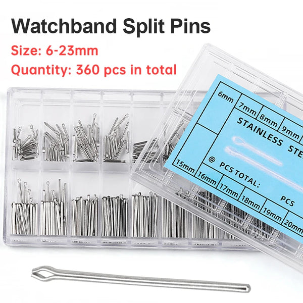 A clear plastic box containing 360 stainless steel watchband split pins and connecting links.