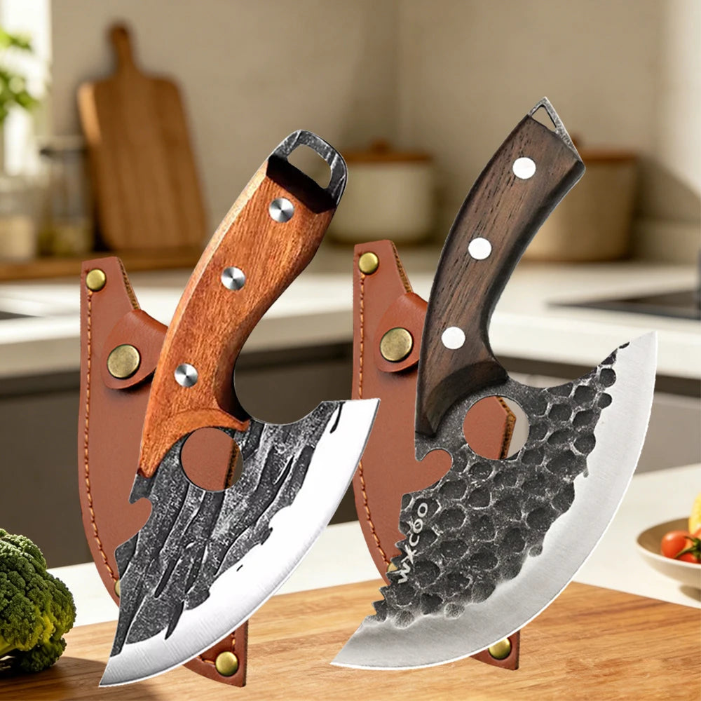A forged stainless steel boning knife with a wooden handle and bottle opener is displayed on a wooden surface.