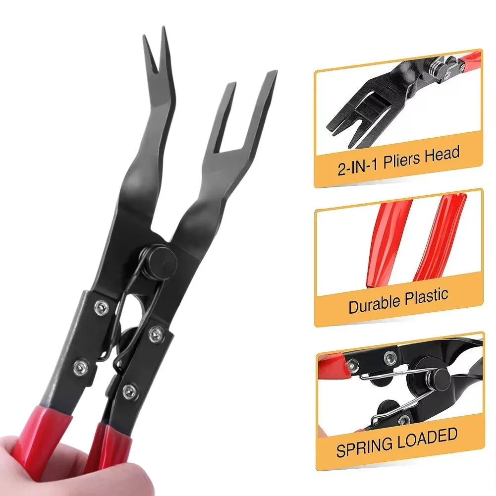A set of black and red 2-in-1 pliers for trim clip removal, showing the pliers head, durable plastic, and spring loaded mecha