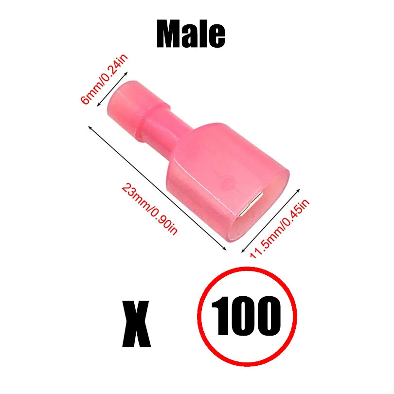 Pink male insulated crimp terminal with dimensions 6mm/0.24in and 23mm/0.90in