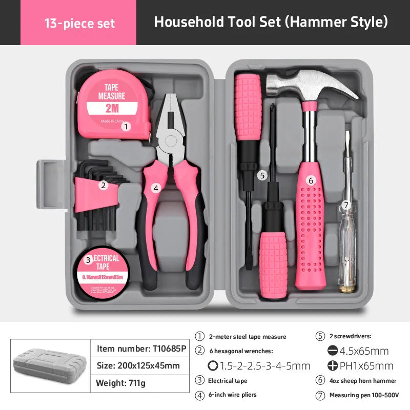 A 13-piece household tool set in a gray box featuring hammer, pliers, and other repair tools.