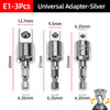 Three silver universal adapter sockets of varying sizes shown next to a ruler for scale.