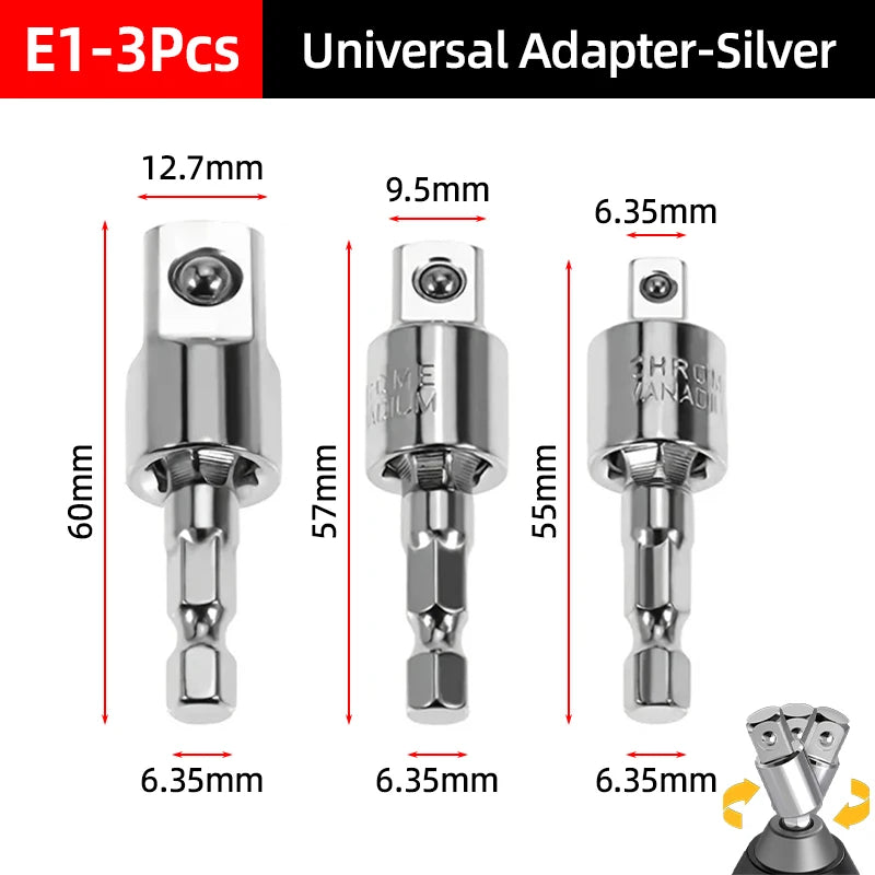 Three silver universal adapter sockets of varying sizes shown next to a ruler for scale.