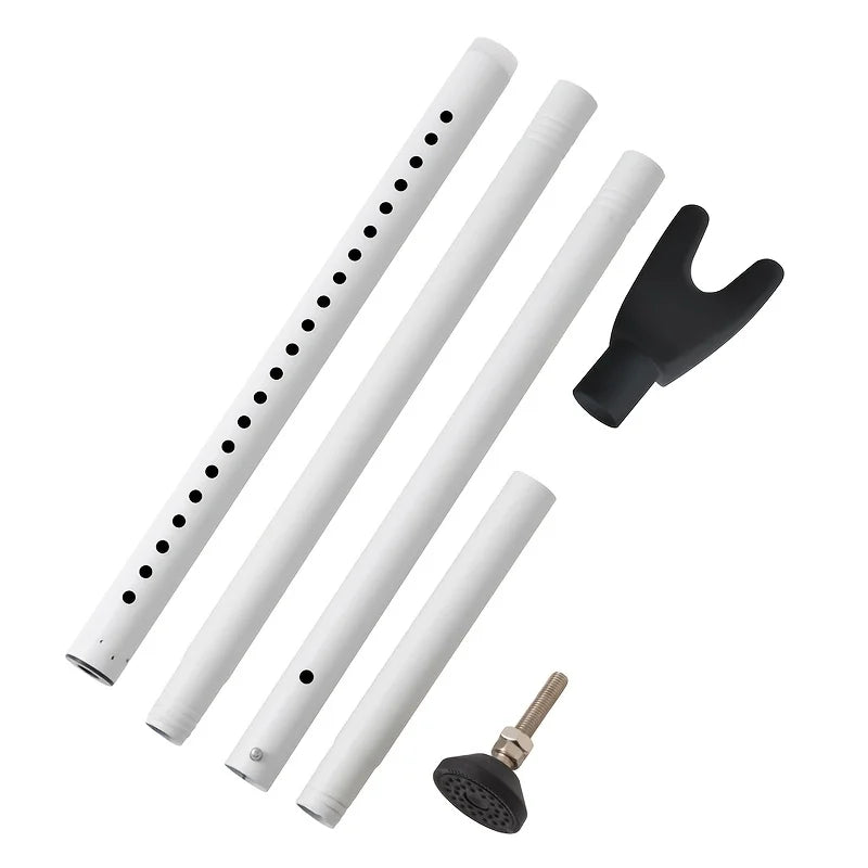 A set of white adjustable portable door security bars and a black mounting bracket.