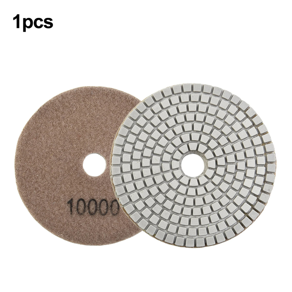 Zwei runde Diamantpolierpads, eine braune und eine silberne, für Stein- und Betonarbeiten.