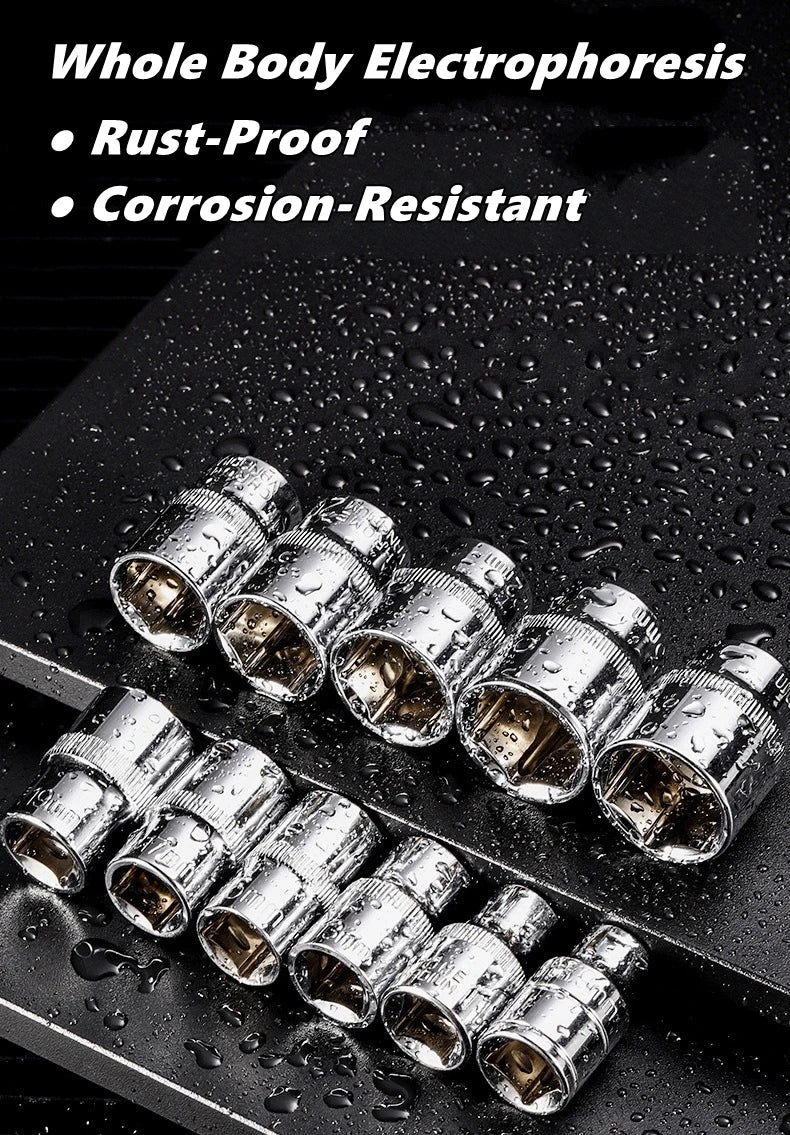 A set of rust-proof and corrosion-resistant whole body electrophoresis socket bits resting on a dark surface.