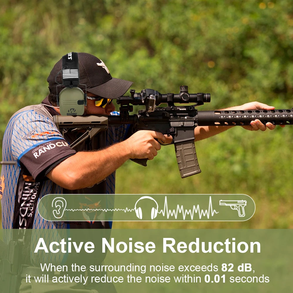 A person is using a rifle with an active noise reduction system, demonstrating the product's function.