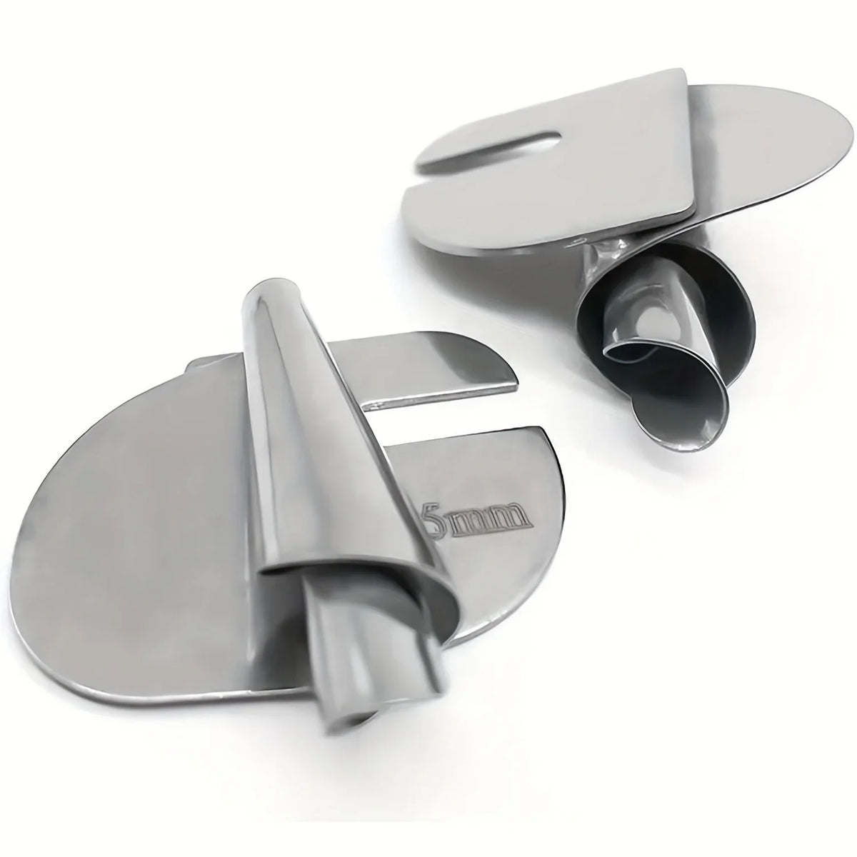 A set of silver universal sewing rolled hemmer foot tools with a 5mm size marker.