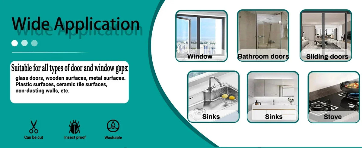 Various applications of silicone weather stripping including window, bathroom, sliding doors, sinks, and stove seals.