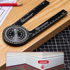A precision miter saw protractor angle finder tool is shown next to a pencil on a wooden surface, with an interior and exteri