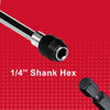 A close-up view of a 1/4 inch Shank Hex screwdriver and its corresponding hex bit on a red background.