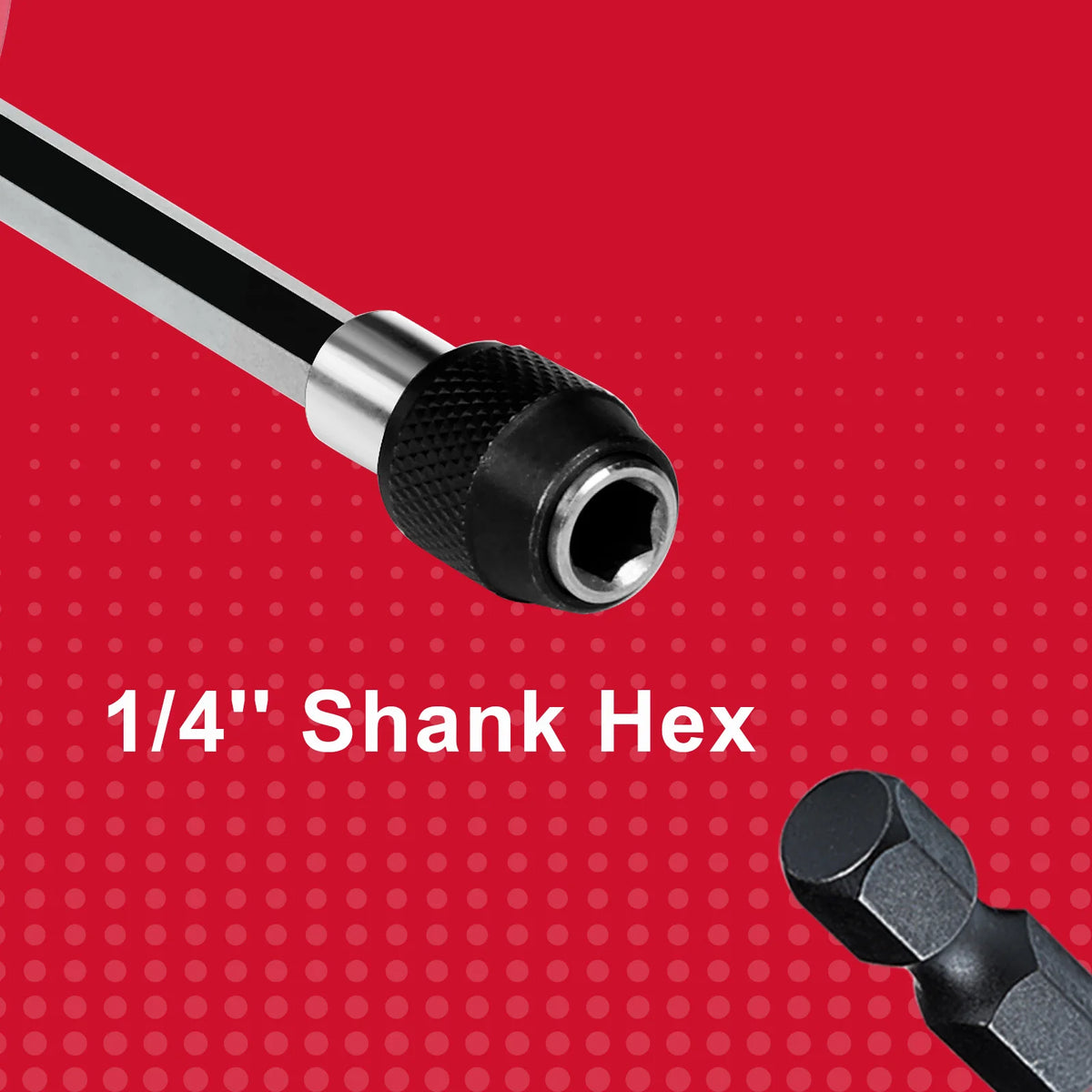 A close-up view of a 1/4 inch Shank Hex screwdriver and its corresponding hex bit on a red background.
