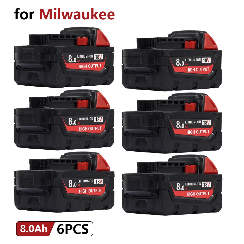 Six replacement lithium-ion batteries for Milwaukee M18 power tools, 8.0Ah, 18V, high output.