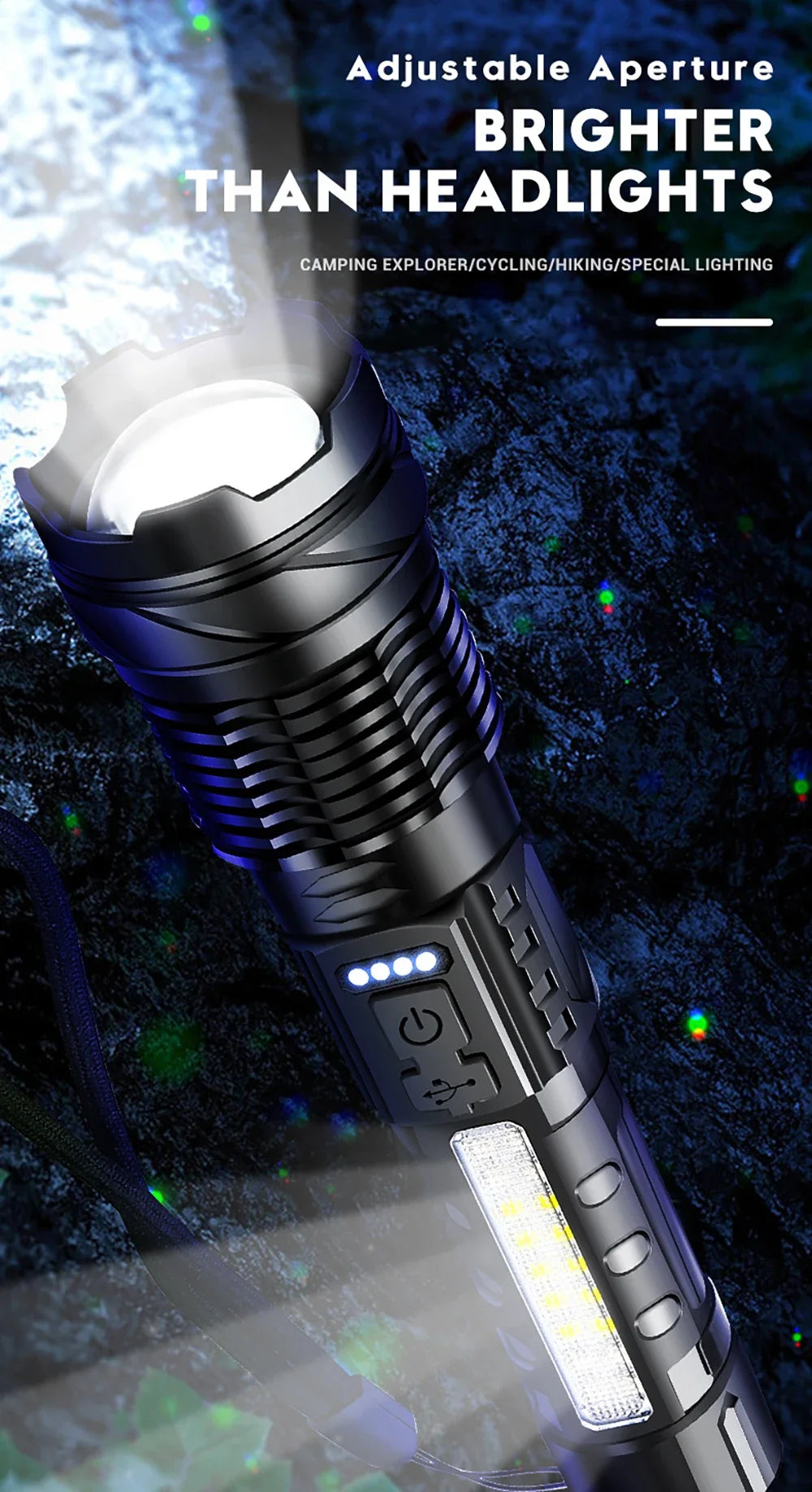 A black adjustable aperture flashlight with a bright beam, shown against a dark, textured background.