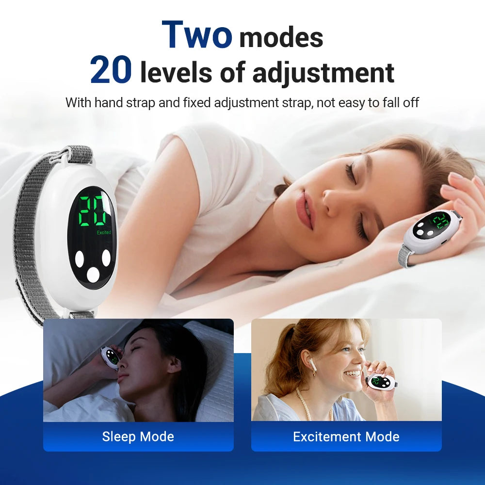Una mujer usa un masajeador para dormir CES portátil en modos de sueño y excitación.