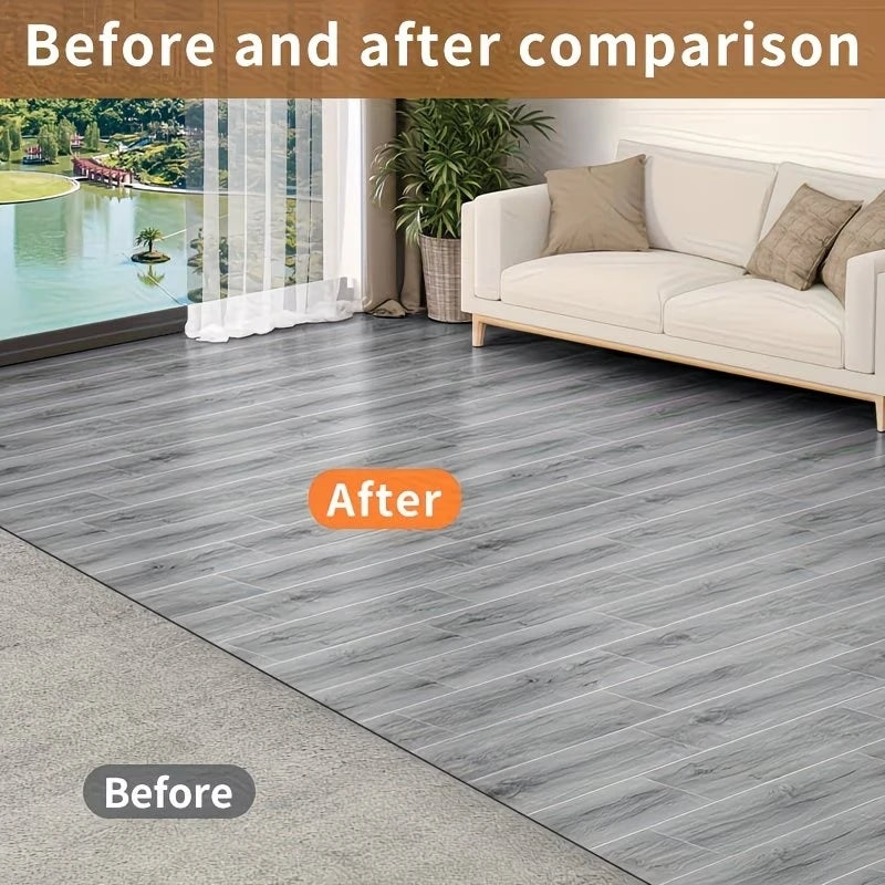 Before and after comparison of peel and stick wood grain floor tiles installation.