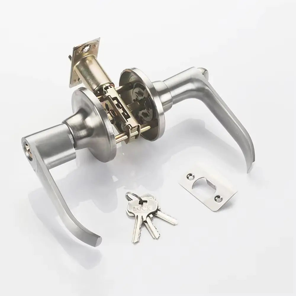A silver three-pole spherical entry lock set with a key and a lock key visible.