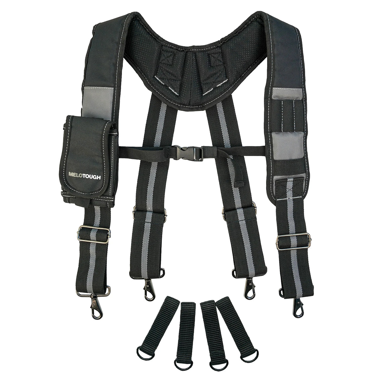 Black heavy duty tool belt suspenders with adjustable straps and mobile phone holders