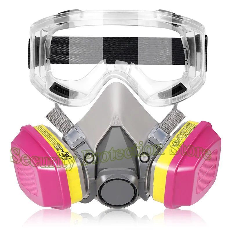 Una máscara respiratoria facial completa y transparente con filtro a rayas grises y negras y carcasa protectora rosa y amaril