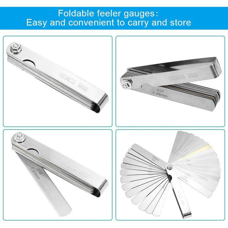 Stainless steel foldable feeler gauges showing various thicknesses and gauges.